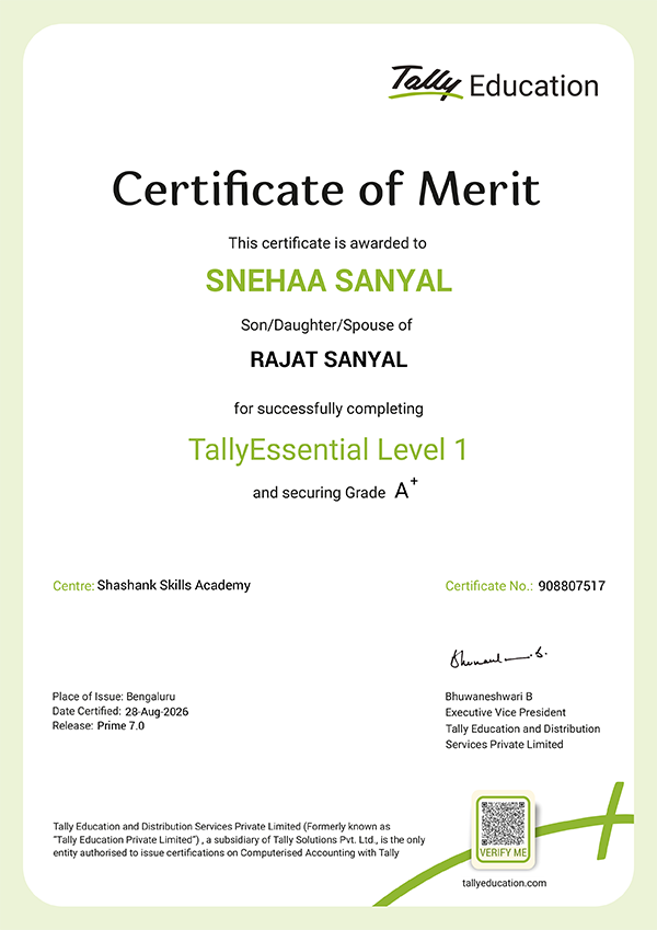 Sample certificate issued by Tally Education to a Tally Institute of Learning – Baguiati student